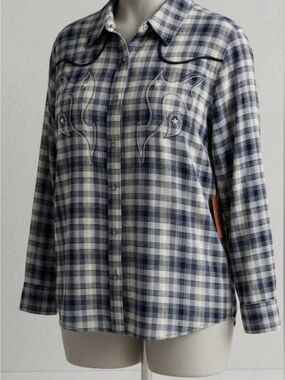 Women's Blue Plaid Button-Down Shirt with Western Embroidery